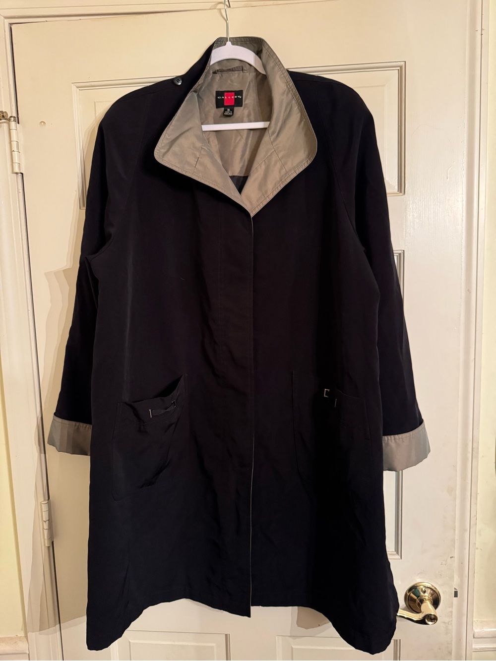 Gallery Black Trench Coat with Tan Collar & Cuffs